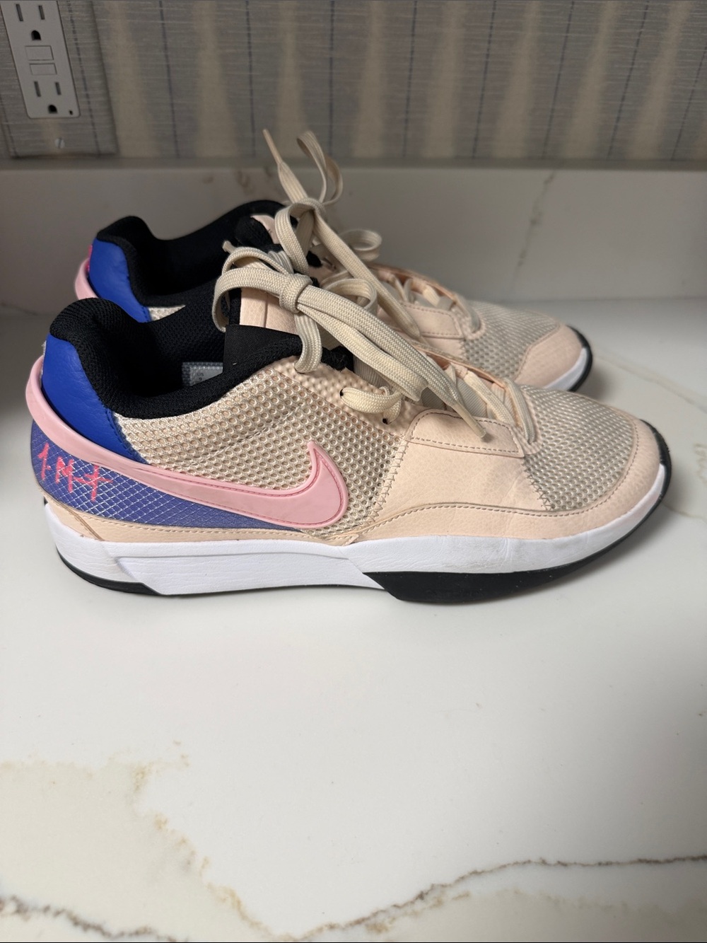 Nike Ja 1 "Guava Ice" Beige Sneakers with Pink Swoosh and Blue Heel